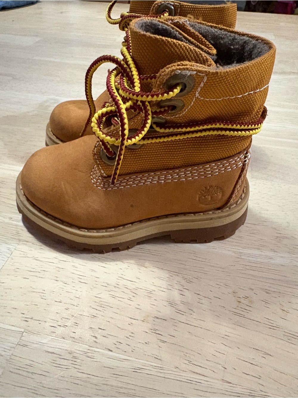 Timberland Kids Wheat Brown Boot with Yellow and Maroon Laces
